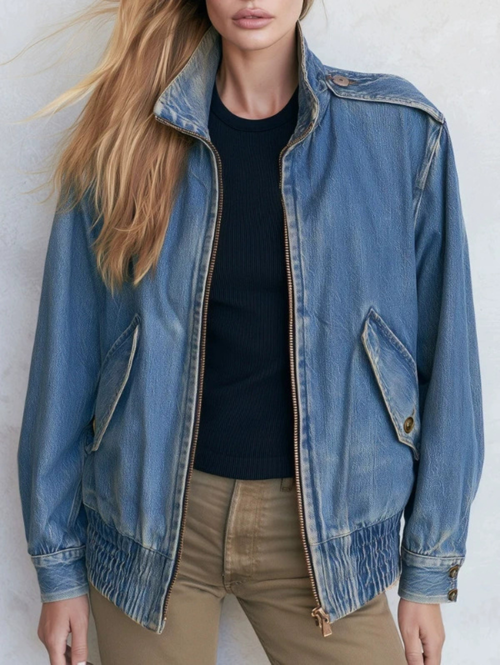 H&M Vintage Stand Collar Zipper Washed Denim Blue Bomber Jacket